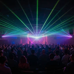 A panoramic 360 landscape photo of a dance club with neon laser lights beamed through fog. PROMPT, XF IQ4, 150MP, 50mm, f/1.4, ISO 200, 1/160s, natural light, Adobe Photoshop, Adobe Lightroom, DxO Photolab, Corel PaintShop Pro, rule of thirds, symmetrical balance, depth layering, polarizing filter, Sense of Depth, AI enhanced