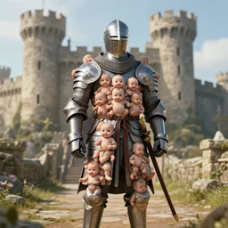 a medieval knight wearing armor made entirely of babies, standing infront of a castle, cinematic, hyper detailed, octane render