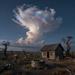 nocturnal landscape view of an iridescent column of clouds to the night sky coming out from a water well near an old wood cottage in a desolate wasteland full of overgrown strange vegetation. detailed, soft light, sharp focus, intricate, trending artstayion, digital art