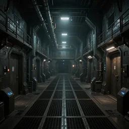 inside of an underground factory with grates, ladders, walkways, doors, ominous, dark, bleak, atomspheric lighting, cinematic lighting, matte painting, movie concept art, rendered in octane, in the style of bladerunne 2049, dystopian, sci fi, v-ray, extreme wide shot, extreme long shot,