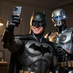 Photography, Batman taking a selfie with Robocop, big smile