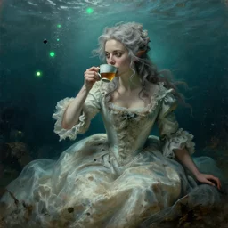 a 1 8 th century, messy, silver haired, ( ( ( mad ) ) ) fae princess ( look like ( ( young kate winslet ) ) ), dressed in a ( dirty ), wedding dress, is ( ( drinking a cup of tea ) ). everything is underwater! and floating. greenish blue tones, theatrical, ( ( green lights ) ) oil canvas by sargent