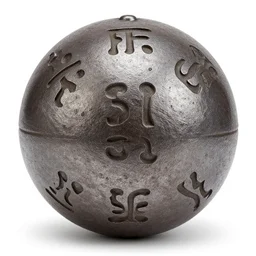 an iron ball with weird symbols engraved on it, the ball is on a pedestal. the light enter the room by a hole in the ceiling. close - up