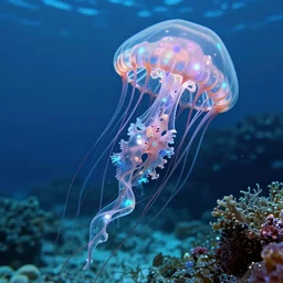 strange, hyper detailed, fractal jellyfish, mutant, tendrils, tentacles, glowing, underdater picture, tropical, crystal waters, reef