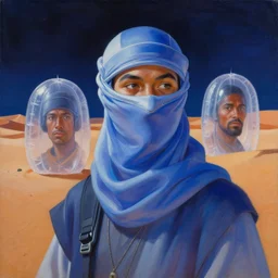 painting of a portrait of a cyberpunk tuareg at night. ruan jia, weldon casey, ralph mcquarrie. cinematic. smooth gradients, transparent inflatable structures in akakus desert. trending on artstation.