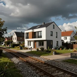 a modern suburban house with a train track going through it - stock image, a stock photo by schelte a bolswert, shutterstock, symbolism, stockphoto, colorized, stock photo
