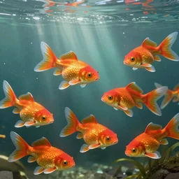 An aesthetically pleasing, dynamic, energetic, lively, well-designed digital art of goldfish in a pond viewed from underwater, light and shadow, chiaroscuro, by Ohara Koson and Thomas Kinkade, superior quality, masterpiece, excellent use of negative space. 8K, superior detail, widescreen, traditional Japanese.
