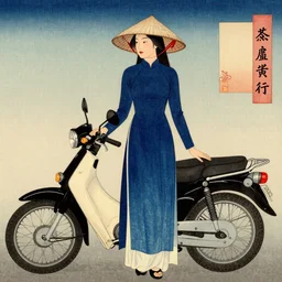 a tall thin beautiful vietnamese girl in an ao dai dress and a conical hat standing in front of a motorcycle in Ukiyo-e  style