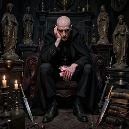 night portrait f / 1. 4 of a thin neurotic forty two year old british man vampire feeling confidant in a cluttered dark room full of ancient artifacts ( ( ( bald ) ) ) dark dusty statues runes arcane instruments candlesticks drapery ritual bloody knife books atmospheric hdr