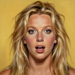 hyper realistic painting portrait of a surprised britney spears, ling entangled hair, blur and yellow color scheme by stjepan sejic, norman rockwell, michael hussar, roberto ferri and ruan jia, john william waterhouse, godward, david kassan