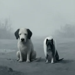 sad dogs voidscape by simon stalenhag and ansel adams, digital art