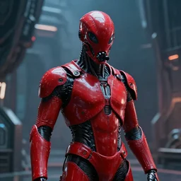 big budget scifi movie set in futuristic world with alien brainsuckers cyborg in shiny red rubber and radiation mask
