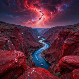 realistic photo, 1 4 mm, wide angle, beautiful alien landscapes, red organic shiny rocks with veins, drmatic sky with swirling flows of energy and plasma, a blue river, steep mountains