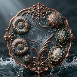 bubbles in cresting oil slick waves, ammonites, abalone, ornate art nouveau patina copper ornament, rococo, organic rippling spirals, octane render, glass art forms from nature by ernst haeckel