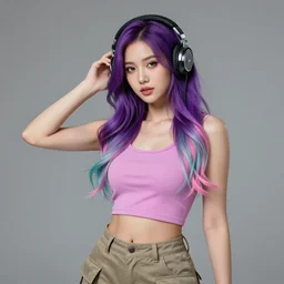a award winning half body portrait of a beautiful woman with stunning eyes in a croptop and cargo pants with ombre purple pink teal hairstyle dancing with headphones on her ears by thomas danthony, surrounded by whirling illuminated lines, outrun, vaporware, shaded flat illustration, digital art, trending on artstation, highly detailed, fine detail, intricate