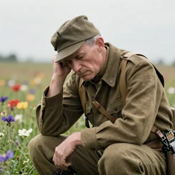 A WWI veteran, tired, melancholic, in a field of flowers, photorealistic, detailed, 8K