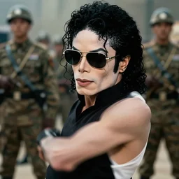 michael jackson 2 0 0 9 wearing shades, this is it style, photo real, pores, motion blur, solo dancing with soldiers for music video, by himself, real life, spotted, ultra realistic face, accurate, 4 k, movie still, uhd, sharp, detailed, cinematic, render, modern