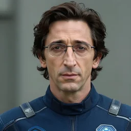 cinematic closeup portrait of adrien brody in dark blue futuristic jumpsuit, wearing eyeglasses, space station at background, high detail, 8 k, sharp focus, movie still, dramatic lighting, ray tracing, smooth, lane brown, finnstark, oleg bulakh, diego fazio, mike dargas, emanuele dascanio, felix englund, michal karcz