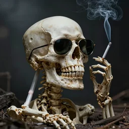 photo of skeleton either sunglasses smoking a cigarette