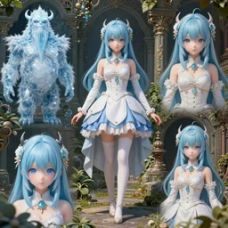 manga style, costume design from ice golem designers, artist reference pictures pose, sophisticated composition, old masters light composition, procedurally generated, epic kawaii human girl character posing for concept art, ancient garden behind her, substance designer, PBR, HD, Ultra detailed, hyperrealistic, megascans, volumetric light, concept by master artist, made in paint tool SAI2, trending pixiv face