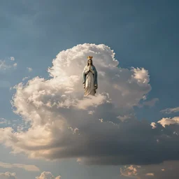 wide angle sky with ~ < ~ virgin mary cloud ~ > ~ in center, path tracing, ray tracing, illusion