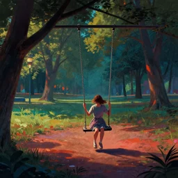 ((((editorial illustration by Mads Berg and Karolis Strautniekas)))), empty park, colorful, (((((portrait of a lonely girl on the swing))))), fine texture, detailed, (((dramatic lighting))), dynamic composition, moody, vivid, volumetric,cinematic, film grain,cinematic color