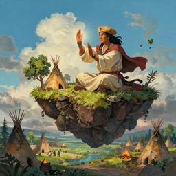 wise comanche shaman weaving a spell of peace on a flying floating sky island. tipis, trees and camp fires in the distance. tranquil village life. a fairy - tale wonderland illustration by greg rutkowski, in the style of howls moving castle. smooth concept art, 4 k matte thomas kinkade, ted nasmith, key art, artstation, alphonse mucha, god rays. beautiful digital painting