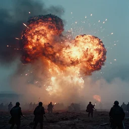 Battle of Warsaw 2045, explosions, by Simon Stalenhag, 35mm film photography, eerie fog, imax film quality, octane render 8k trending on Artstation