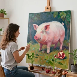 a female art student in her apartment, plants in glasses, work in progress, pig, pomegranate, acrylic on canvas, surrealist, by magritte and monet