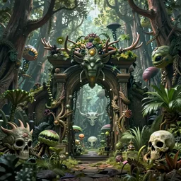 dense haunted forest on an exotic alien planet, jungle gates of antler trees, insectile plants, gnarled stumps, thorny weeds, demon face, skull, skeletal, by ian miller, rodney matthews and artstation, hyperdetailed, photorealistic render