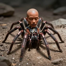 photo of a mechanical spider with the bald head of jada pinkett on top