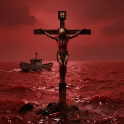 anti - christ rising from a red ocean. ominous. vivid color detailed photograph from a 2 0 2 0 s blockbuster vfx horror movie. a small capsized boat in the background.