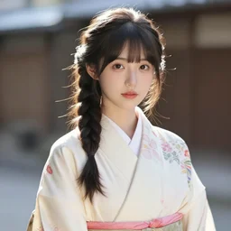 portrait of a young woman, medium closeup, braided ponytail, kimono, sunlight