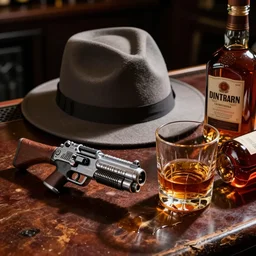 a photo of a fedora, a toy retro sci-fi ray gun, a rocks glass containing some whiskey, a bottle of bourbon on its side, spilled whiskey on an old bar, ultra realistic.
