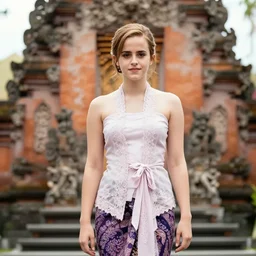 emma watson, wearing kebaya bali, in bali. temple background. front view. instagram, holiday photo shoot, award winning photography, 5 0 mm