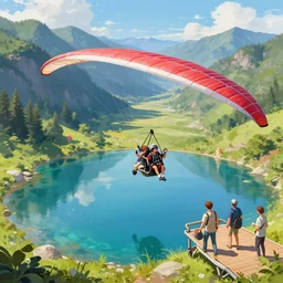 A beautiful digital painting of a hang glider landing platform, crystal lake, lovely valley by Stanley Artgerm Lau,  Rossdraws, James Jean, gerald brom, Andrei Riabovitchev, Marc Simonetti, and Sakimichan, trending on artstation