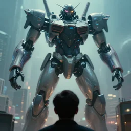 below character perspective. looking up. giant glossy cybertronic mecha suit looming over a city. experimental art film still. special effects. ilm. cinematography masterpiece. heavy depth of field. cannes film festival winner. trending. hd. 4 k. surreal. scene. beautiful. moving.