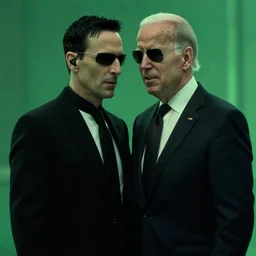 joe biden is [ agent smith ], the matrix movie, the matrix green green color grade, film still, key frame, dialogue scene, sunglasses, ear piece, [ black tie ]