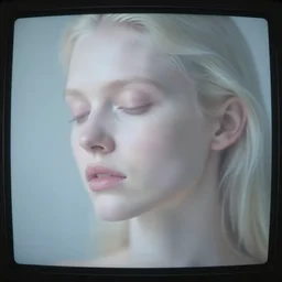 cathodic tv screen, out of focus photorealistic portrait of a beautiful pale young woman by sarah moon, very blurry, translucent white skin, closed eyes, foggy, closeup