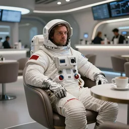 a beautiful photograph of jacques mckeown space adventurer, sat in a chair, futuristic coffee shop