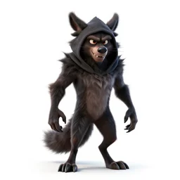 hooded werewolf mid-transformation, stylized pixar-style 3d render, full body, standing, isolated on a pure white background, centered, whole figure in frame, sharp focus, studio lighting