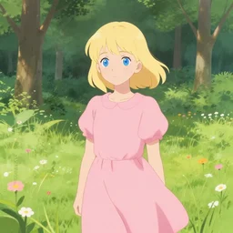 organic by goro fujita. a digital art of a young girl with blonde hair, blue eyes, & a pink dress. she is standing in a meadow with flowers & trees.