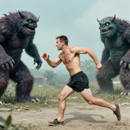 old photo of a muscular man running for his life after seeing a monster for the first time, funny