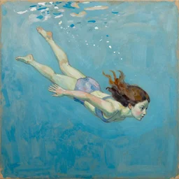 loose dry brush sketch on canvas of girl swimming underwater by paula rego