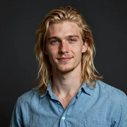 digital oil portrait of a skinny european male, longer blond hair, light stubble beard, wearing a light blue shirt, blue eyes, rugged, teenage, fantasy, wizard, trending artstation, dungeons & dragons, relaxed friendly expression, dark, high detail