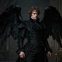 a dark angel with black wings and victorian style clothing, cinematic lighting, low key contrast, detailed, hyperrealistic, character concept art by tolkien and greg rutkowski