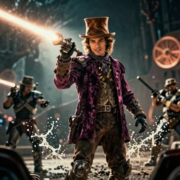 'willy wonka' in gears of war, splash art, movie still, cinematic lighting, dramatic, octane render, long lens, shallow depth of field, bokeh, anamorphic lens flare, 8k, hyper detailed, 35mm film grain