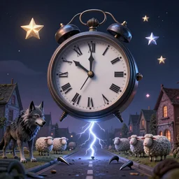 clock floating in the sky, stars with human teeth, evil wolf and sheep in town square, claws coming off the road, midnight scene, detailed, 3 d, intricate details, gothic, by vincent di fate, artgerm, smooth gradients, octane render, 8 k, volumetric lightning, high contrast, depth of field