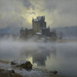 foggy lake in winter with a castle in the distance, game of thrones style, oil on canvas