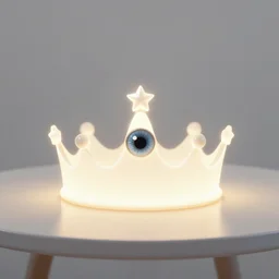 a glowing minimal elegant crown sitting on a table with one large beautiful eye on top of it like a jewel, stars on top of the crown, night time, vast cosmos, geometric light rays exploding outwards into stars, bold black lines, flat colors, minimal psychedelic 1 9 5 0 s poster illustration